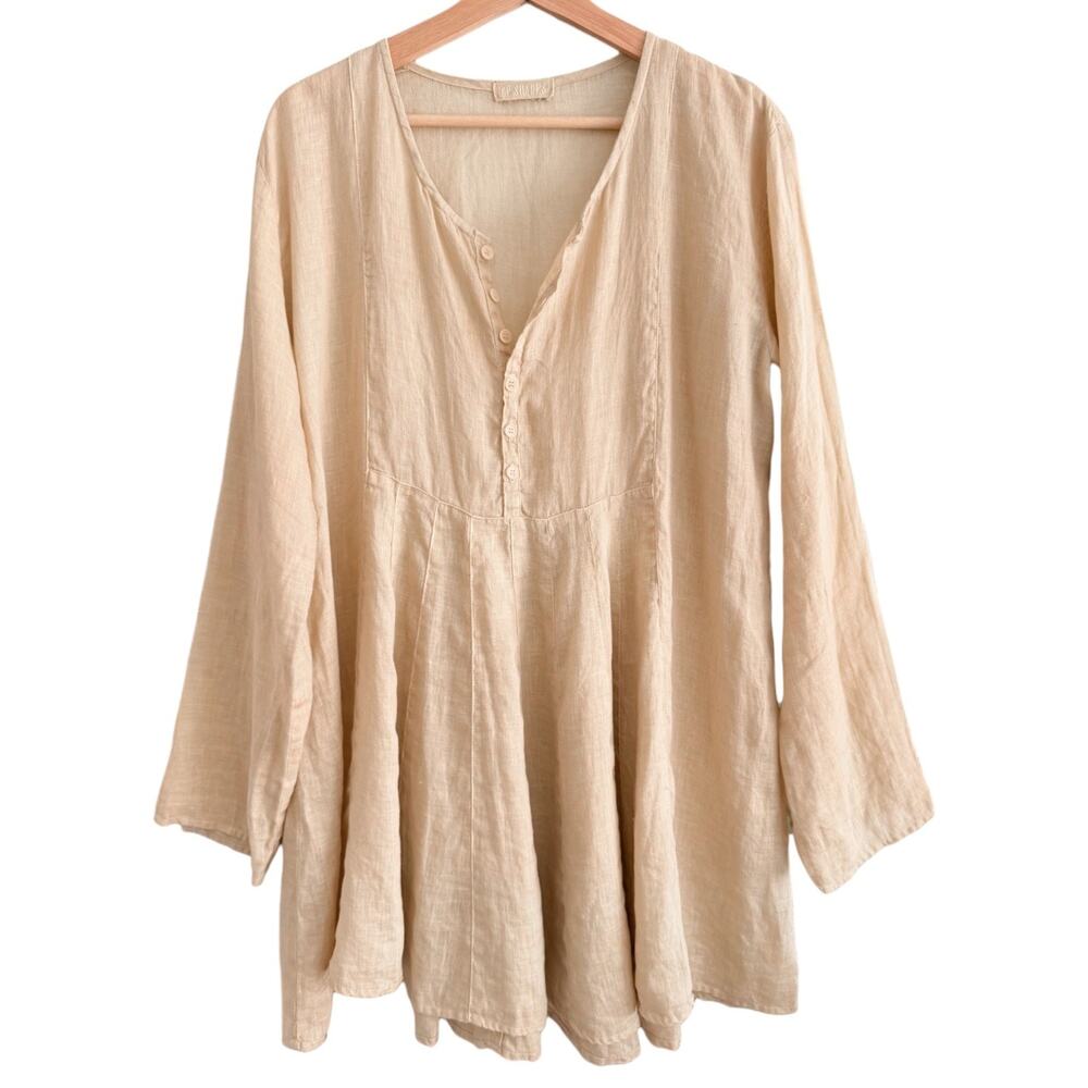 CP Shades Vintage Linen Tunic Top Large Henley Panel Swing Long Sleeve Lagenlook